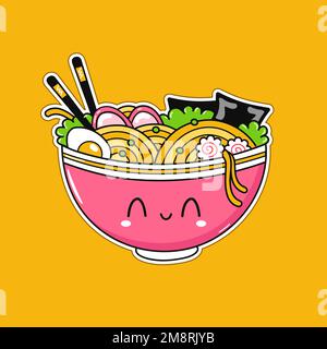 Cute funny ramen bowl. Vector hand drawn cartoon kawaii character illustration logo icon. Cute Japan anime,manga style ramen bowl,noodle cartoon kawaii concept Stock Vector
