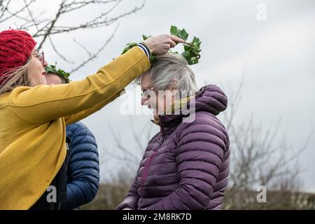 Willingham, Cambridgeshire, UK. 15th Jan, 2023. Villagers carry out the traditional practice of Wassailing in the community orchard. A new King and Queen of the orchard are crowned, poems are read, cider drunk, branches of trees anointed with bread dipped in cider and the trees awakened with banging of pots and pans in the hope of a good harvest this year. Credit: Julian Eales/Alamy Live News Stock Photo