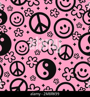 Yin Yang,peace hippie sign,smile face seamless pattern.Vector hand drawn cartoon character illustration.Yin Yang,ying,smile face,acid,love hippie peace symbol seamless pattern wallpaper print Stock Vector