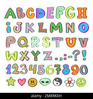 Childish hand drawn style font. Vector doodle illustration letters. Trendy kids alphabet,cartoon groovy hippie comic abc,60s,70s,funky concept Stock Vector