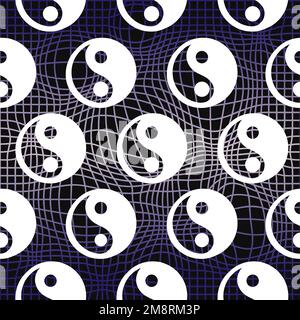 Perspective grid,Yin Yang seamless pattern art.Vector graphic illustration.Psychedelic grid,techno,Yin Yang seamless pattern print modern background Stock Vector