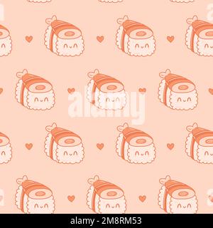 Cute funny asian japanese sushi character seamless pattern. Vector hand drawn cartoon kawaii character illustration icon. Cute kawaii sushi,Japan asia food cartoon seamless pattern concept Stock Vector