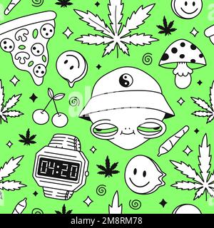 Psychedelic trippy alien,pizza seamless pattern art.Weed,mushroom,cherry,weed marijuana leafs.Vector cartoon character illustration design.Trippy alien,mushroom,magic,cannabis pattern art concept Stock Vector
