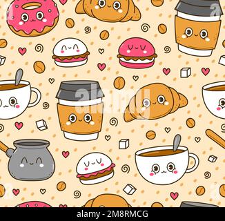 Cute funny coffee seamless pattern,wallpaper,background.Vector hand drawn doodle cartoon kawaii character illustration logo. Cute happy coffee cup,donut cartoon kawaii seamless pattern art concept Stock Vector