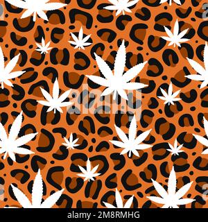 Leopard skin and weed leaf seamless pattern art.Vector style cartoon illustration design wallpaper.Leopard,jaguar skin fur,cannabis,weed,marijuana seamless pattern concept Stock Vector