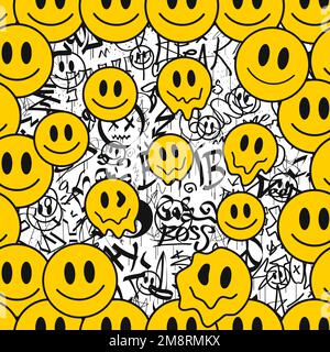 Graffiti and melt smile face seamless pattern wallpaper art.Vector graphic background illustration.Graffiti lettering,urban art seamless pattern wallpaper print concept Stock Vector