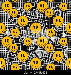 Perspective grid,smile face,melt psychedelic acid seamless pattern art.Vector graphic illustration.Psychedelic grid,techno,acid trippy warp smile face seamless pattern print modern background Stock Vector