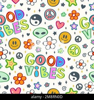 Good vibes hand drawn style seamless pattern. Vector doodle trendy cartoon illustration.Hippie,Yin Yang,60s,smile face,groovy,good vibes fashion print seamless pattern concept Stock Vector