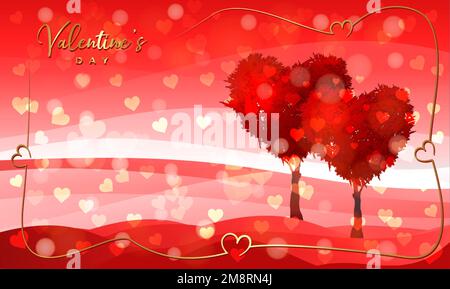 Trees in the shape of red heart, valentines day background, vector fantasy landscape, couple of trees symbol of love banner template gold hearts frame Stock Vector