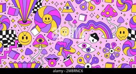 Trippy 60s hippie style psychedelic seamless pattern.Vector crazy doodle character illustration.Smile groovy faces,geometry seamless pattern vintage wallpaper print art concept Stock Vector