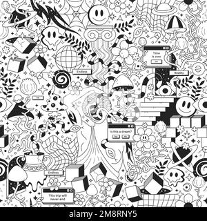 Trippy psychedelic seamless pattern.Vector crazy doodle character illustration.Smile groovy faces,geometry,ancient statue,magic mushrooms seamless pattern vintage wallpaper print art concept Stock Vector