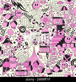 Trippy psychedelic seamless pattern.Vector crazy doodle character illustration.Smile groovy faces,geometry,ancient statue,magic mushrooms seamless pattern vintage wallpaper print art concept Stock Vector