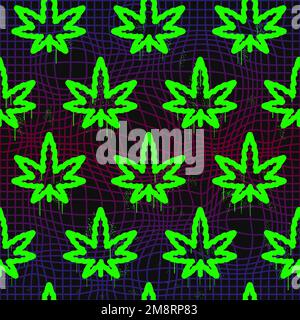 Weed leaf and warp grid seamless pattern. Vector wallpaper illustration. Vector illustration Stock Vector