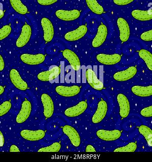 Cute funny cucumber in space,cosmos seamless pattern.Vector hand drawn doodle line cartoon kawaii illustration icon.Cucumber,pickle background seamless pattern concept Stock Vector