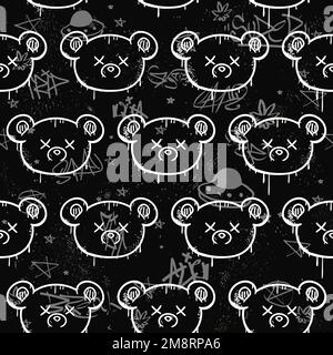 Graffiti and bear seamless pattern wallpaper art.Vector graphic background illustration.Graffiti lettering,dead bear toy,urban art seamless pattern wallpaper print concept Stock Vector