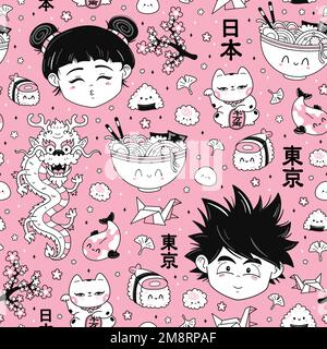 Translation from japanese: Japan,Tokio.Cute funny Anime Japan style seamless pattern. Vector hand drawn cartoon kawaii character illustration icon. Cute kawaii anime,manga seamless pattern concept Stock Vector