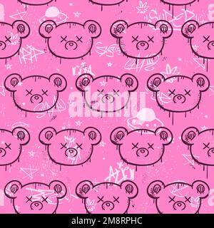 Graffiti and bear seamless pattern wallpaper art.Vector graphic background illustration.Graffiti lettering,dead bear toy,urban art seamless pattern wallpaper print concept Stock Vector