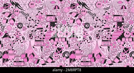 Trippy psychedelic seamless pattern.Vector crazy doodle character illustration.Smile groovy faces,geometry,ancient statue,magic mushrooms seamless pattern vintage wallpaper print art concept Stock Vector