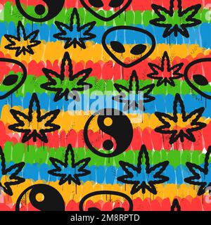 Cannabis leafs,alien,Yin Yang tie dye seamless pattern background.Vector tie dye cartoon illustration.60s style,hippie,weed,marijuana seamless pattern art Stock Vector