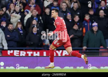 Aberdeen’s Bojan Miovski celebrates scoring their side's first goal of the game during the Viaplay Cup semi-final match at Hampden Park, Glasgow. Picture date: Sunday January 15, 2023. Stock Photo