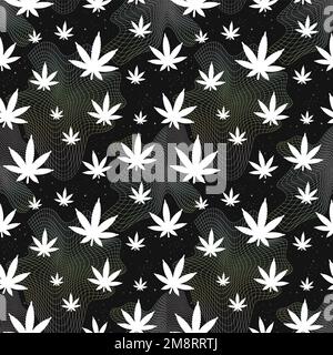 Weed leaf and warp grid seamless pattern. Vector wallpaper illustration Stock Vector