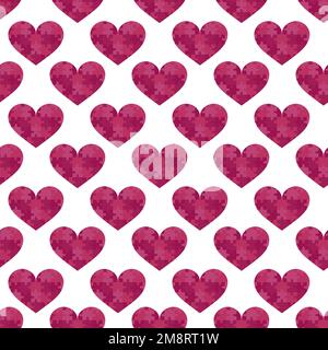 Cute puzzle hearts seamless background. Romantic pattern for Saint Valentines day, wedding, date. Love symbols. Dark pink and white colors. Vector til Stock Vector