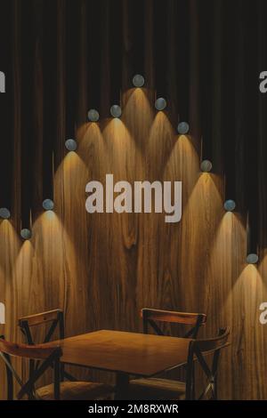 Wooden background restaurant interior cozy setting copy space Stock Photo