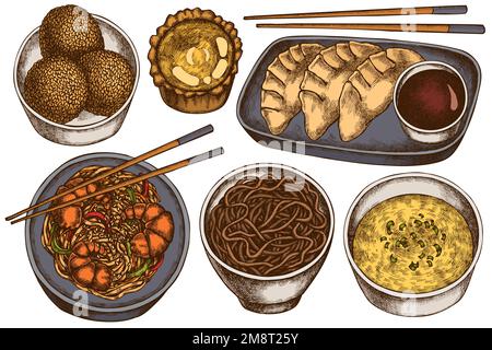 Asian food hand drawn vector illustrations collection. Colored jiaozi, jian dui, egg tart, noodles with shrimp, egg soup, noodles bowl. Stock Vector