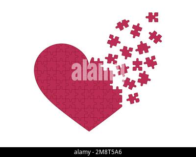 Broken heart and unhappy unrequited love concept. Heart with puzzle pieces. Flat outline vector illustration. Viva magenta color. Stock Vector