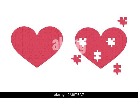 Puzzle hearts set. Whole and broken heart isolated. Flat vector illustration on white background. Happy and unhappy love. Stock Vector