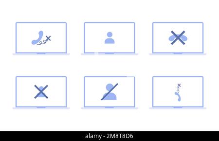 No signal or lost connection. Set of illustrations with different icons on a laptop Stock Vector