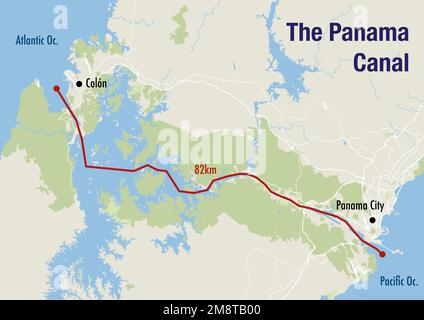 Map of the Panama canal, illustrating the route from the Pacific to the Atlantic ocean Stock Photo