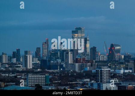 London, UK. 15th Jan, 2023. Bright wintry weather views, of the city of London and Canary Wharf, from Hampstead Heath. Credit: Guy Bell/Alamy Live News Stock Photo