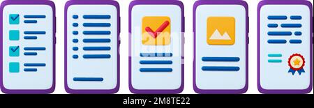Digital documents 3d icons. Smartphone screen text, cercified sign, corporate agreement. Task list on phone, picture app, vector set Stock Vector
