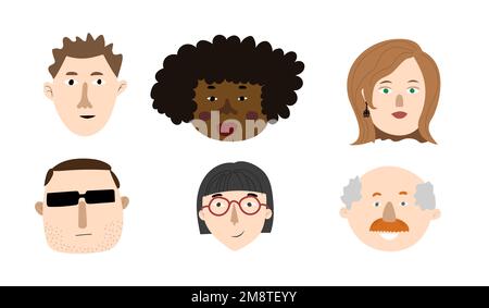 Set of human character faces vector avatars. Drawn male and female heads of various nations. Stock Vector