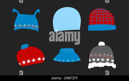 Vector cartoon cute collection set of winter warm knitter hats of red and blue colors Stock Vector