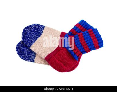 Knitted wool socks . Pair of striped wool socks isolated on white background Stock Photo