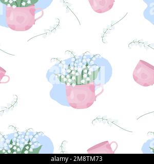 Seamless pattern. Flowers May lilies of the valley in cup on white background. Vector illustration. Spring pattern with forest flowers for design, pac Stock Vector