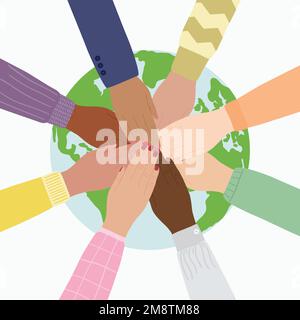 Save the planet ecology card. Diverse people stacking hands together to protect the Earth. Environment improvement concept. Hand-drawn eco-friendly ve Stock Vector