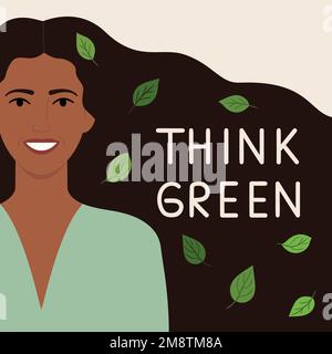 Think green ecology card. Black African woman with green leaves in her hair. Save the planet and environment improvement concept. Hand-drawn eco-frien Stock Vector