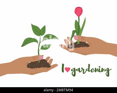 I love gardening card. Female hands give plant shoot and flower to each other. Hand-drawn vector illustration. Stock Vector