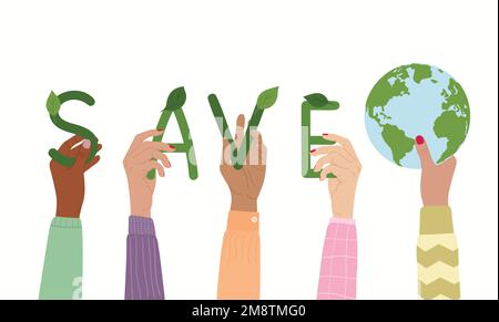 Save the planet ecology card. Diverse people hold letters save to protect the Earth. Environment improvement concept. Hand-drawn eco-friendly vector i Stock Vector