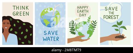 Set of save the planet ecology cards. Think green, save water, happy Earth day, save forest, environment improvement concept. Hand-drawn eco-friendly Stock Vector