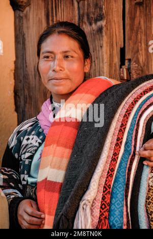 Faces of Mexico: Woman Sells Blankets in Town Square in Chiapas Stock Photo