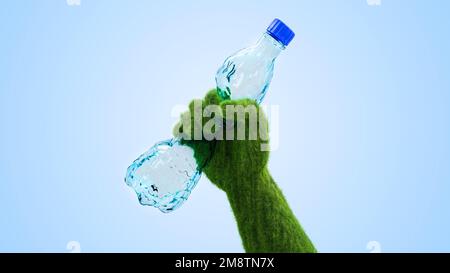 ecological grass covered hand crushes pet plastic bottle - concept of caring for the environment and stopping the production of plastic packaging - 3d Stock Photo