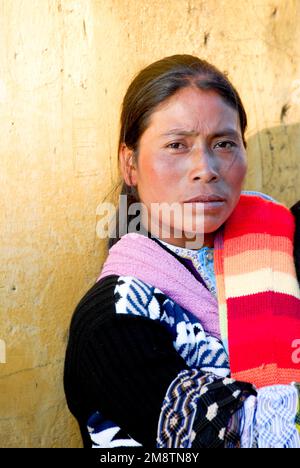 Faces of Mexico: Woman Sells Blankets in Town Square in Chiapas Stock Photo