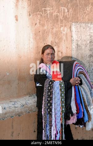 Faces of Mexico: Woman Sells Blankets in Town Square in Chiapas Stock Photo