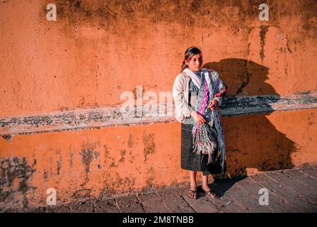 Faces of Mexico: Woman Sells Blankets in Town Square in Chiapas Stock Photo