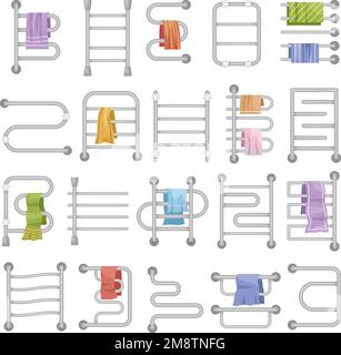 Towel heaters. Wall mount bathroom items steel tubes towel heaters set recent vector cartoon illustrations Stock Vector