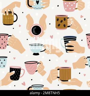 Mugs pattern. People holding hot cups recent vector seamless templates Stock Vector